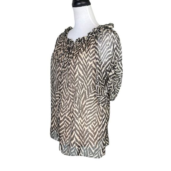 Milly Brown Tan Zebra Animal Print 100% Silk Short Sleeve Blouse - Picture 3 of 12